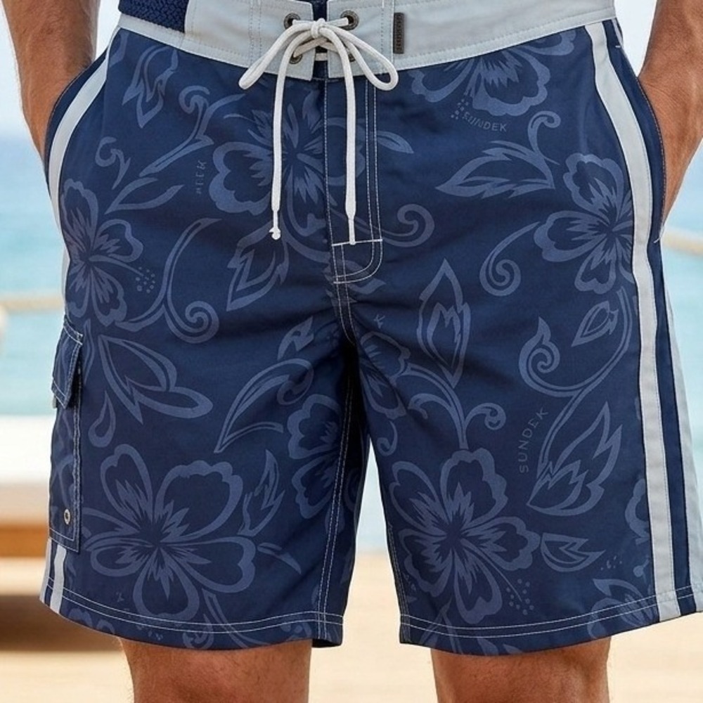 Sundek Mens Navy Blue Hibiscus Floral Board Shorts Size 34 Triple Stripe Swim